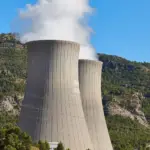 Diablo Power plant chimneys with steam. Energy industry