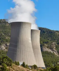 Diablo Power plant chimneys with steam. Energy industry