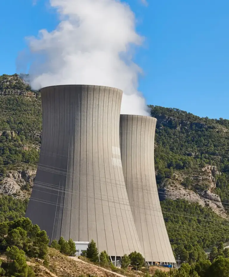 Diablo Power plant chimneys with steam. Energy industry